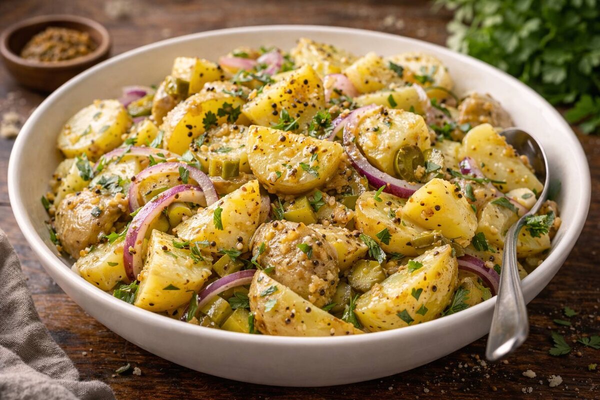 Салат с тёплым картофелем и горчичной заправкой — спокойная находка для любого стола